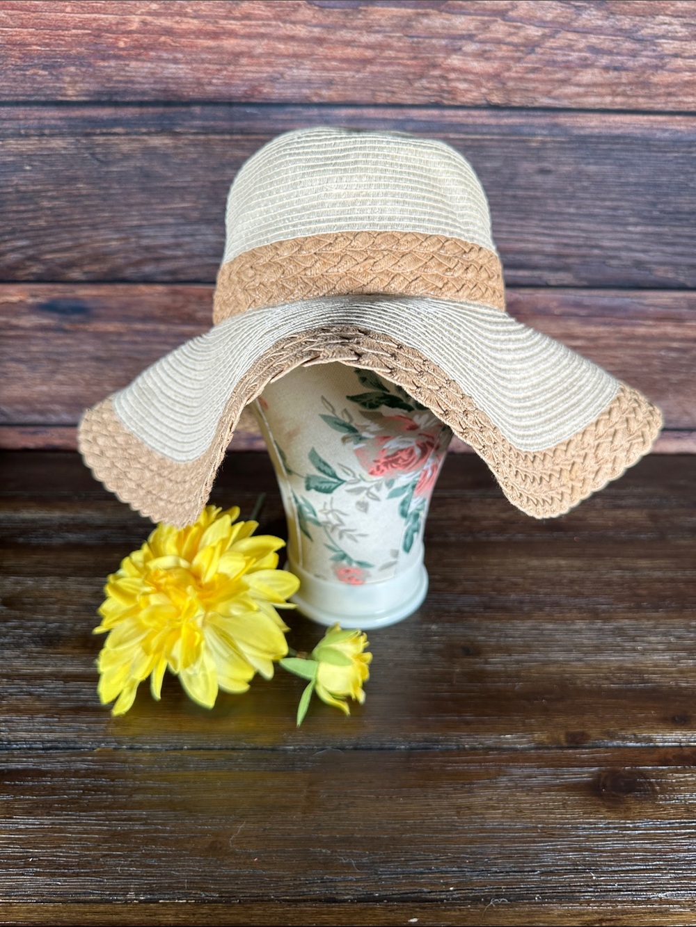 Two-Tone Straw Floppy Sun Hat in Natural and Tan